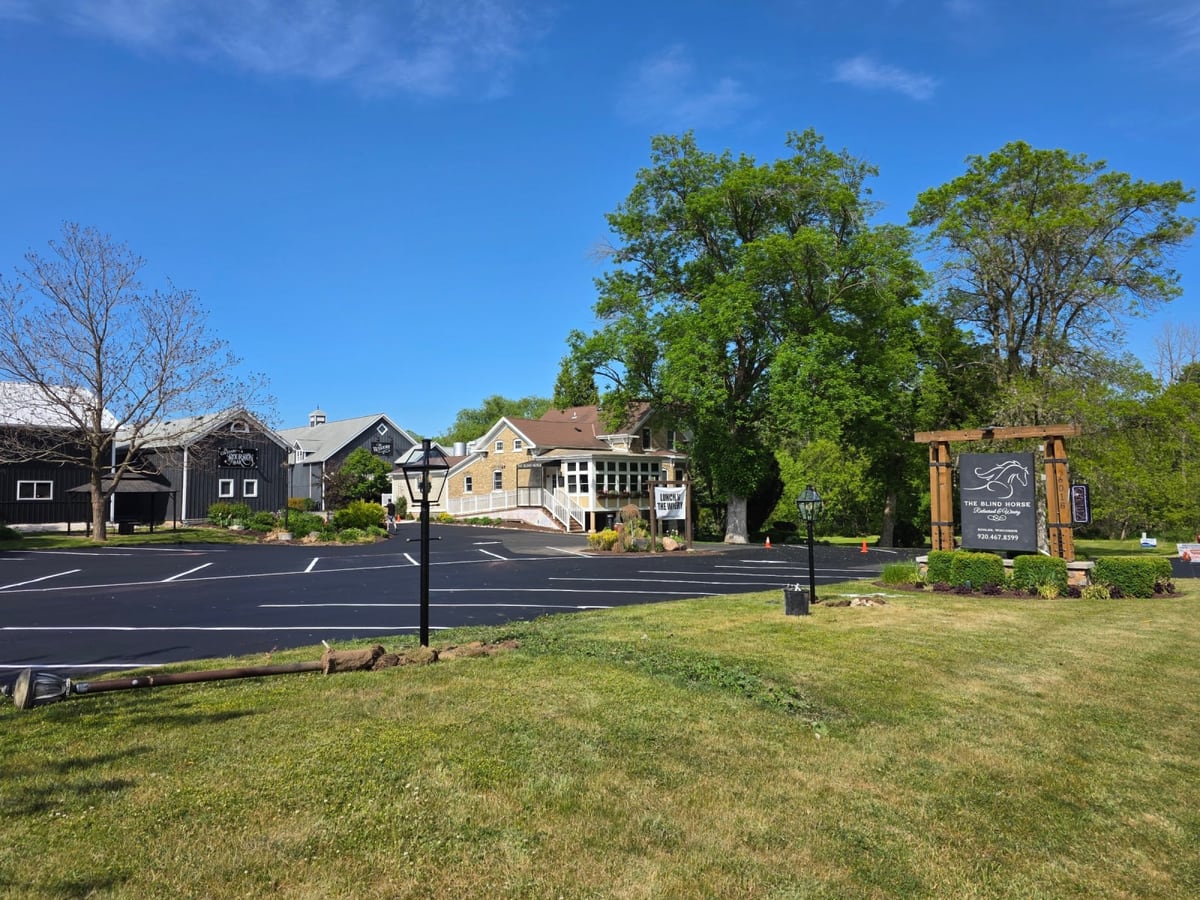 The Blind Horse winery and restaurant with its freshly sealed and striped lot by Draki Enterprises in Wisconsin